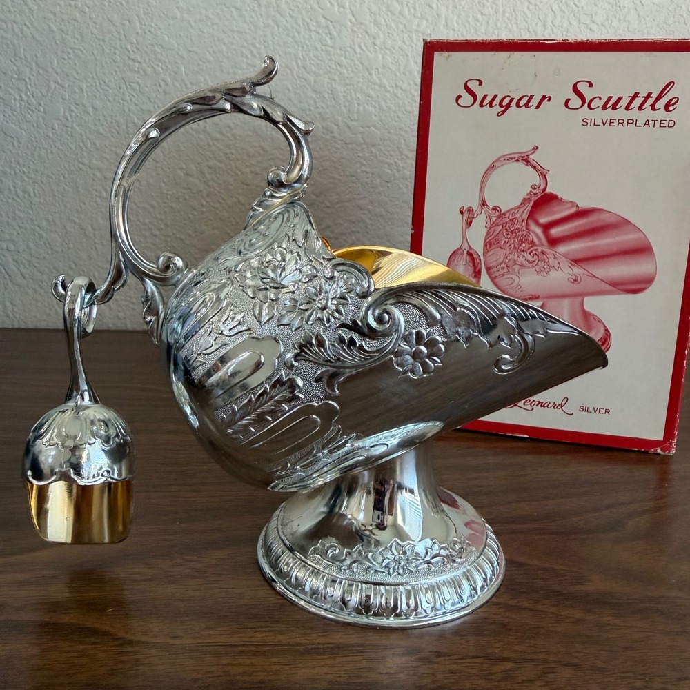 Vintage Leonard Silver Plated Sugar Scuttle & Scoop Ornate Gold Wash Interior